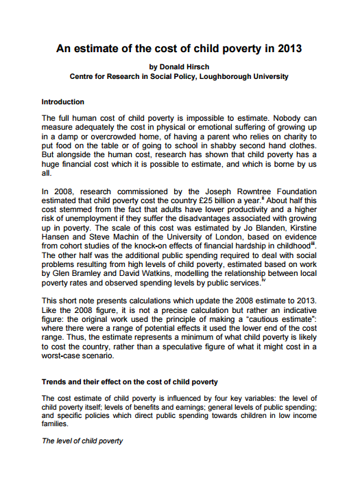 Estimating the costs of child poverty in 2013