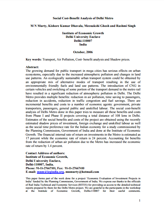 Social Cost-Benefit Analysis of Delhi Metro
