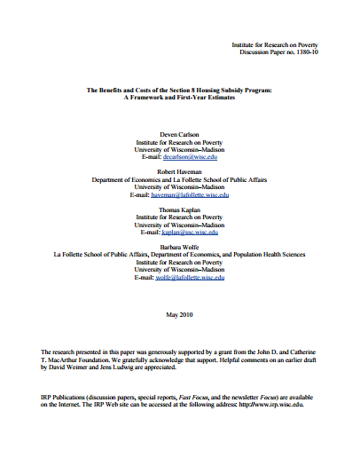 The Benefits and Costs of the Section 8 Housing Subsidy Program: A Framework and First-Year Estimates