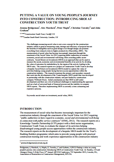 Putting a value on young people’s journey into construction: introducing SROI at Construction Youth Trust