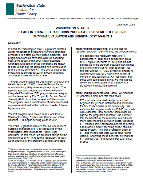 Washington State’s Family Integrated Transition Program for Juvenile Offenders: Outcome Evaluation and Benefit-Cost Analysis