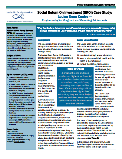 Louise Dean Centre Programming for Pregnant and Parenting Adolescents SROI Case Study