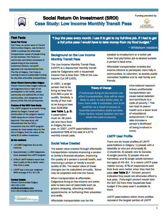 Low Income Monthly Transit Pass SROI Case Study