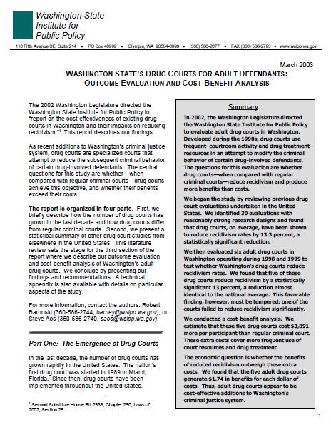 Washington State’s Drug Court’s for Adult Defendants: Outcome Evaluation and Cost-Benefit Analysis
